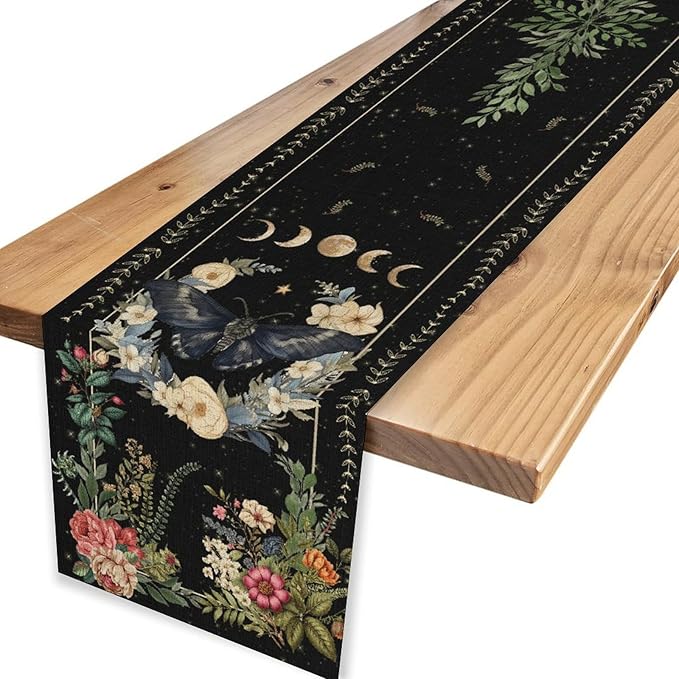 Gothic Moth Table Runner, Boho Vintage Floral Gothic Sun Moon Phase Mystical Witchy Farmhouse Coffee Table Center Decor for Home Kitchen Dining Patio Holiday Party Table Decorations 13x108 inches