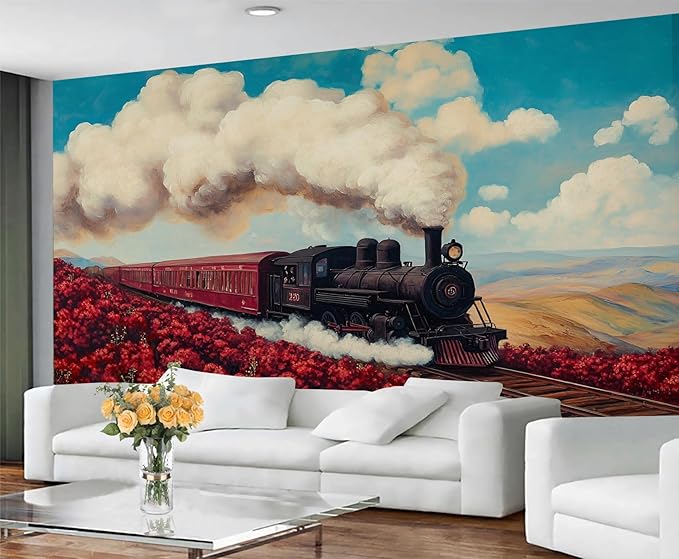 Vintage Train Wall Mural, Steam Engine Landscape 3D Wall Murals, Train Through Flower Field Wallpaper Mural, for Living Room Bedroom Large Wallpaper Indoor Decor 177.16" W x120 H