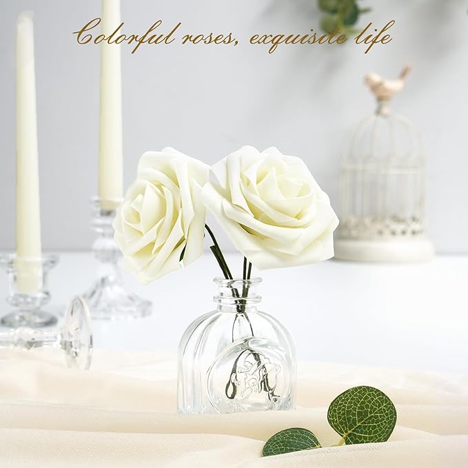 BLEUM CADE 16Pcs Artificial Flowers Fake Roses with Stems, Ivory White Boxed Foam Roses for DIY Bouquets Centerpieces Wedding Party Arrangement Bridal Shower Decor