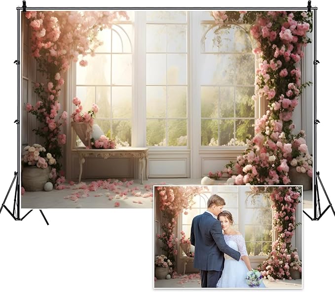 9x6ft Flowers Backdrop Pink Rose Floral Green Leaves White Window Sunlight Misty Romantic Photography Background Party Birthday Wedding Bridal Shower Studio Photo Props Polyester
