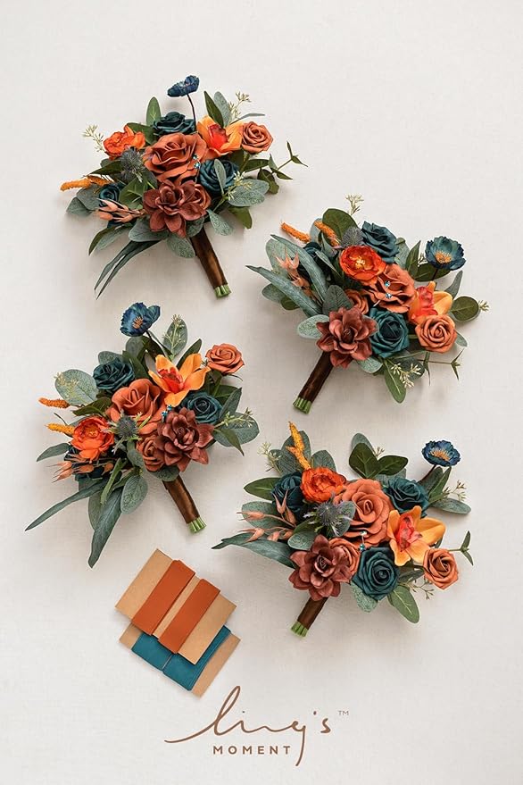 Ling's moment Artificial Flowers Teal and Orange Bridesmaid Bouquet Set of 4, Wedding Flowers Bouquets for Bridesmaids, 7 Inch Bridal Bouquets for Bridesmaids, Wedding Decor, Ceremony, etc