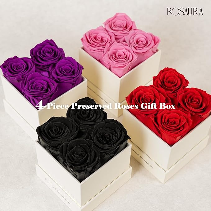 Rosaura 4-Piece Eternal Preserved Roses & Flowers Gift Box - Forever Lasting Real Roses, Preserved Flowers for Christmas, Valentine's Day Pink