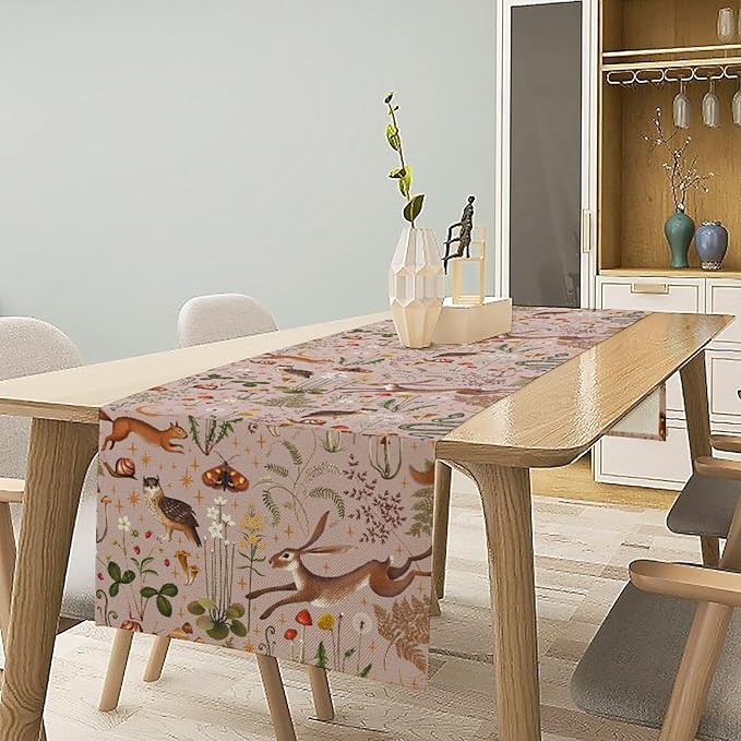 Rustic Forest Table Runner, Farmhouse Pink Woodland Hare Squirrel Owl Flowers Mushroom Print Table Runner for Holiday Kitchen Dinning Table Indoor Outdoor Home Party, 13x70inch