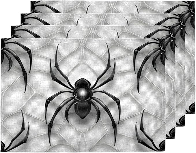 Black Spiders Placemats Set of 6, Washable Linen Place Mats, Spiders Web Table Mats for Kitchen Dining Table Decor Heat Resistant Tablemats 12x18