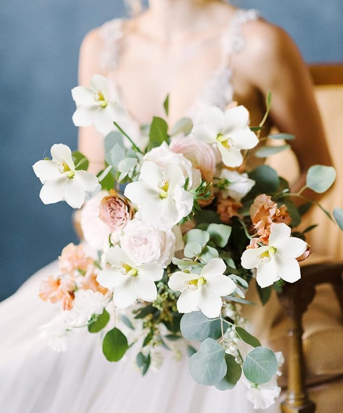 IPOPU White Orchid Artificial Flowers 5 Pcs Real Touch Orchids with Stem for Vase Wedding Party Table Centerpiece DIY Home Office Decor