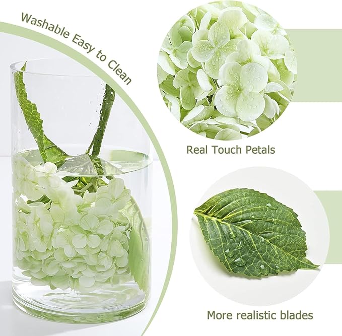 Waipfaru 4Pcs Real Touch Hydrangea Artificial Flowers, Green & White Fake Hydrangea Flowers, 21" Lifelike Latex Faux Hydrangea Flowers for Wedding Bouquet Home Decor Centerpieces