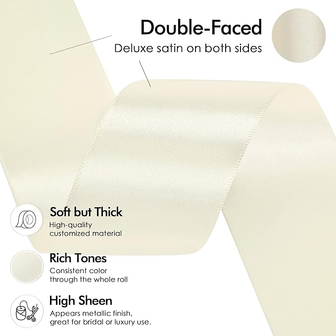 MEEDEE Ivory Satin Ribbon 1-1/2 Inch Ivory Ribbon Lux Double Faced Satin Ribbons by 50 Yards Beige Polyester Satin Ribbons for Crafts, Weddings, Flower Bouquet, Holiday Decorating
