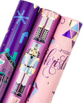 WRAPAHOLIC Christmas Wrapping Paper Roll - Mini Roll - 3 Rolls - 17 Inch X 120 Inch Per Roll - Pink and Purple Nutcracker, House Holiday Collection with Metallic Foil Shine