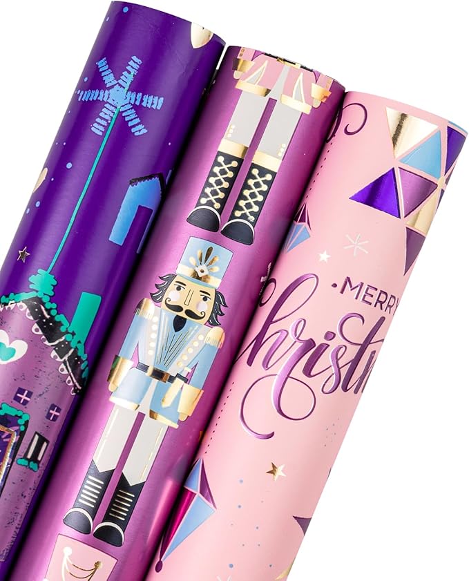 WRAPAHOLIC Christmas Wrapping Paper Roll - Mini Roll - 3 Rolls - 17 Inch X 120 Inch Per Roll - Pink and Purple Nutcracker, House Holiday Collection with Metallic Foil Shine