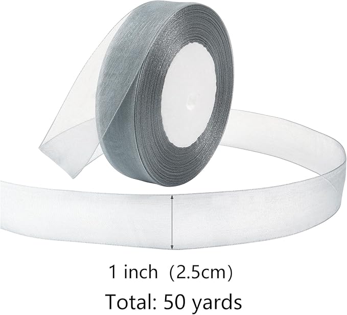 Grey Ribbon for Gift Wrapping 1 inch Sheer Organza Ribbon for Flower Bouquet Tulle Thin Chiffon Ribbons for Wedding Invitations Presents Decorations Crafts 50 Yards