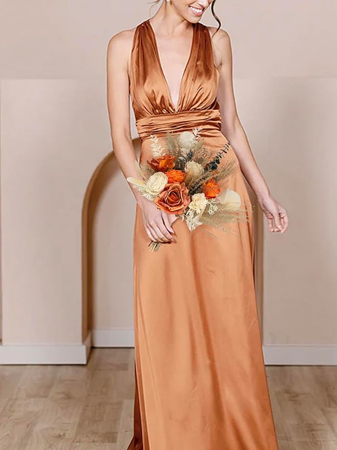 Rinlong Fall Wedding Bouquet for Bridesmaids Burnt Orange Dried Flower Bridesmaid Boho Terracotta Bouquet Wedding