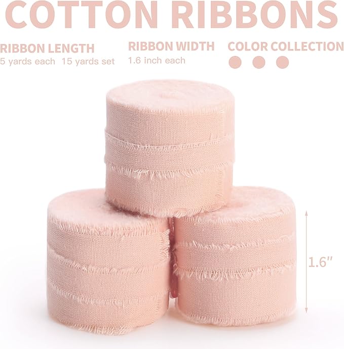 Dusty Pink Ribbon 1-1/2 x 15 Yards Handmade Cotton Frayed Fringe Fabric Ribbons for Crafts Flower Bouquets Wedding Baby Shower Home DIY Decor
