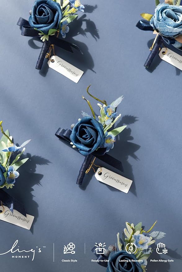 Ling's moment Boutonniere for Men, 6pcs Groom Groomsmen Boutonniere, Artificial Flowers for Wedding Decor/Prom/Homecoming, etc.Blue