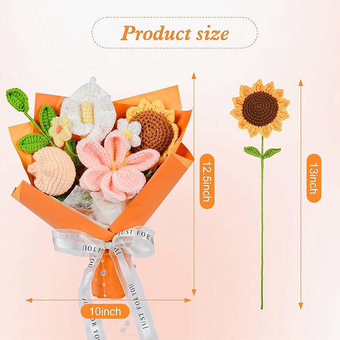Crochet Flower Bouquet, Orange Tulip Handmade Crochet Flowers Knitted Bouquet for Birthday, Wedding, Anniversary, Graduation Gift for Her, Girlfriend, Wife, Womeng (Orange)