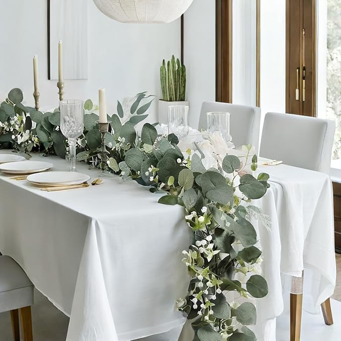 Mavee 3-Pack 5.9ft Artificial Eucalyptus Greenery Garland with Silver Dollar Leaves - Spring Table Runner Vines for Wedding Decor, Home Mantel, Wall Hanging & Party Arrangements