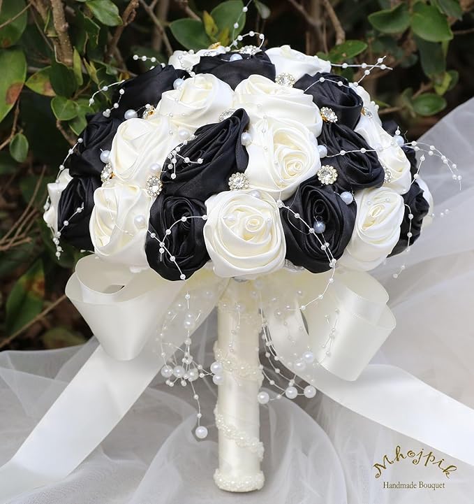 Bridal Wedding Bouquet Round Bling Brooch Bouquet Throw Toss Artificial Rose Flower Bunch for Bride Bridesmaid Wedding Quinceanera(Black & Ivory, 8.7")