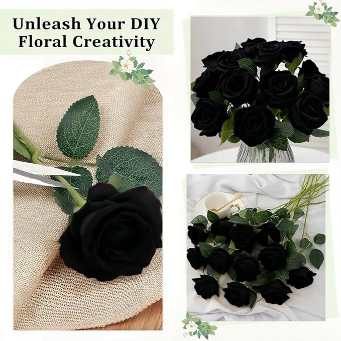 Black Roses Artificial Flowers 15 PCS, Fake Roses Silk Flowers with Long Stems, Faux Rose for Wedding Centerpieces, Home Decor, Indoor Floral Arrangements, Party Decor, DIY Bouquet (Black)