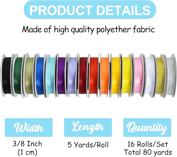 TONIFUL 16 Colors 80yds Satin Ribbon Rolls 3/8 Inch Thin Solid Fabric Ribbons for Gift Wrapping Invitation Floral Hair Balloons Bows Craft Sewing Party Wedding Birthday Decoration Bouquet(5yd/Roll)