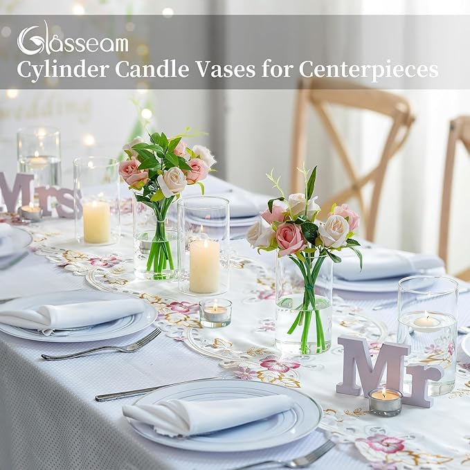 Glasseam Cylinder Vases for Centerpieces, Set of 6 Clear Glass Vases for Flowers, Modern Small Floating Candle Vase Decor, Decorative Hurricane Candle Holders for Home Wedding Table Decorations, 6in