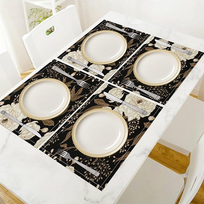 Black Gold Floral Placemats Set of 8, 17x12 Inch Abstract Vintage Rustic Flower Botanical Aesthetic Art Print Table Mats for Home Party Kitchen Dining Decor