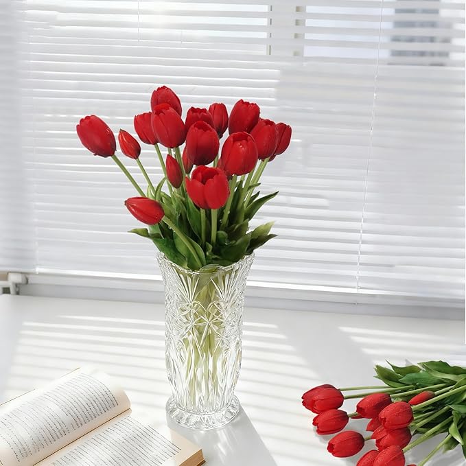 15Pcs Fake Tulips Artificial Flowers Real Touch Latex Bouquet Faux Tulips for Centerpiece Arrangements Wedding Party Home Décor (Hot Red)