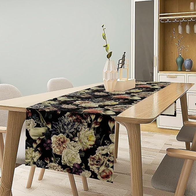 Vintage Flowers Table Runner,Black Rose Peony Gothic Floral Spring Summer Seasonal Table Runner for Home Kitchen Table Dining Indoor Outdoor Party Decor 13x60 Inch