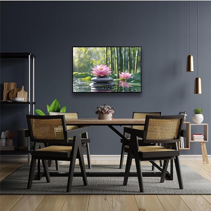 Ethereal pink lotus on obsidian Sunlit bamboo forest with sparkling water drops Poetic nature inspired wall art for tranquil homes and mindful spaces 24x36in Metal blackFramed