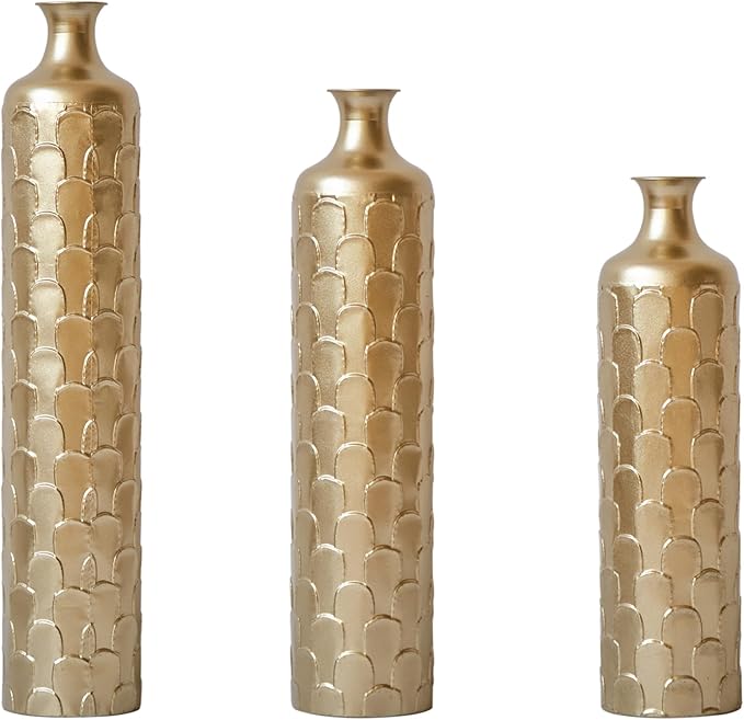 Floor Oversized Gold Metal Decorative Vase with 3D Triangle Pattern Set of 3 Large Vases for Home Living Room 33.5 ", 29.5 ", 25.2" High (Gold)