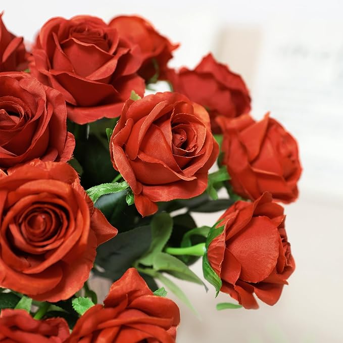 Nubry Artificial Burnt Orange Silk Rose Flower Bouquet Lifelike Fake Rose for Wedding Home Party Decoration Event Gift 10pcs (Burnt Orange)