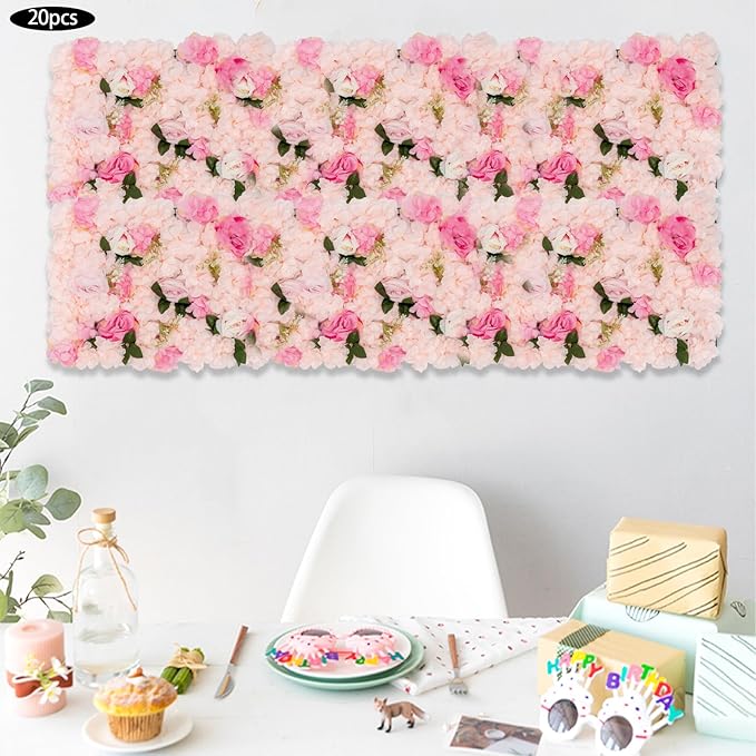 20 PCS Artificial Flower Wall Panel,Each Panel 24" x 16"3D Silk Rose Hydrangea Floral Backdrop,Handmade Eco-Friendly Flower Wall Photo Backdrop Decor (type3)