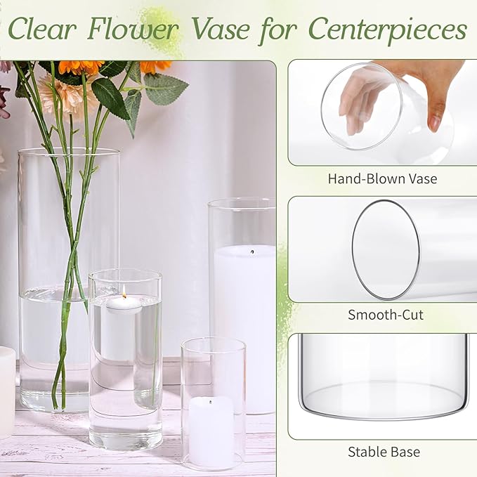 36 Pack Glass Cylinder Vase 4, 6, 8, 10 Inch Tall Clear Vases for Centerpieces Flower Vases for Wedding Decorations Home Decor Dinners Party Event Floating Hurricane Candle Holder Vase