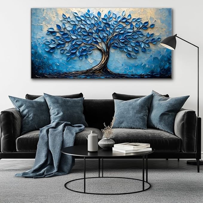 LAVIKARS Modern Tree of Life Wall Art for Living Room Office Navy Blue Abstract Oil Landscape Canvas Painting Prints Large Nature Artwork Home Kitchen Bedroom Decor (28x58 Inches)
