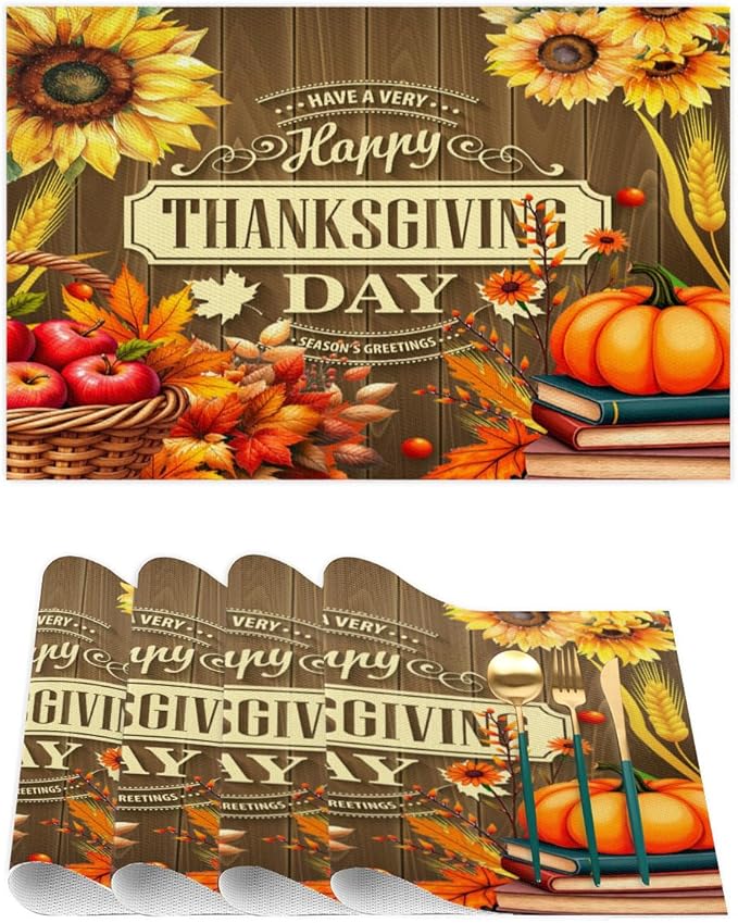 Thanksgiving Holiday Pumpkins Fall Placemats Set of 4 PVC Vinyl Non Slip Table Mats Heat Resistant Place Mats Washable Wipeable Dining Table Mat for Kitchen Decor Party Indoor Outdoor Decorative Gift