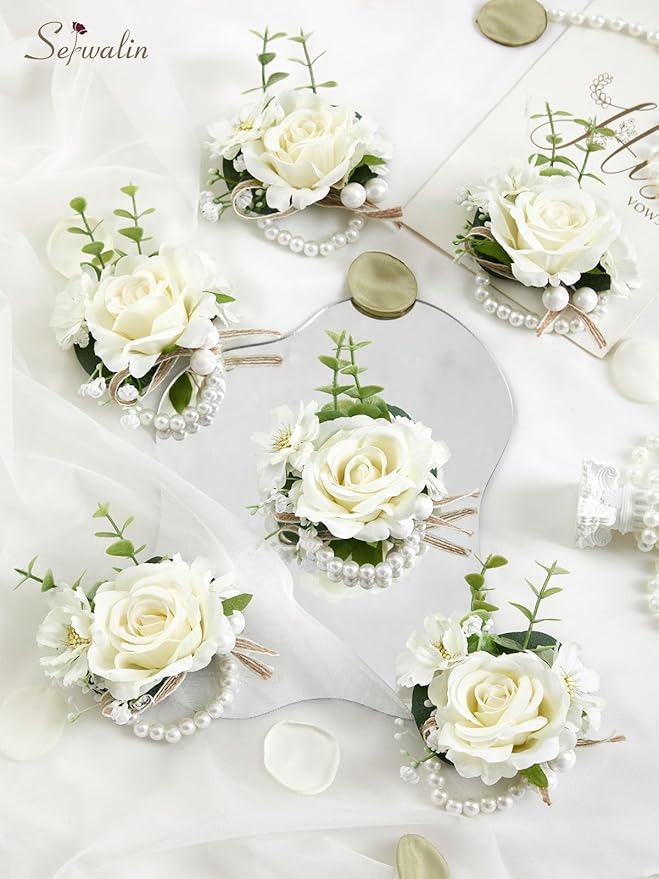 Serwalin 6 PCS Ivory Rose Wrist Corsages for Wedding, Corsages for Prom Homecoming Party Corsage Hand Decor for Bride Bridesmaids, Mother of Bride and Groom