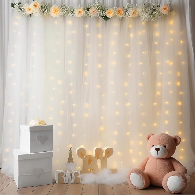 PARTISKY 10x8ft White Tulle Backdrop Curtain with Lights String for Parites, Sheer Backdrop Curtains for Wedding Baby Shower Birthday Party Photo Shoot Decorations