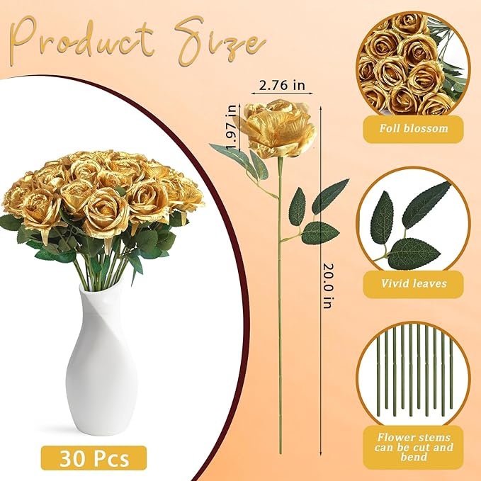 30pcs Fake Roses Artificial Silk Flowers Long Stems Bouquet for Wedding Bridal Shower Party Home Decoration (Gold)