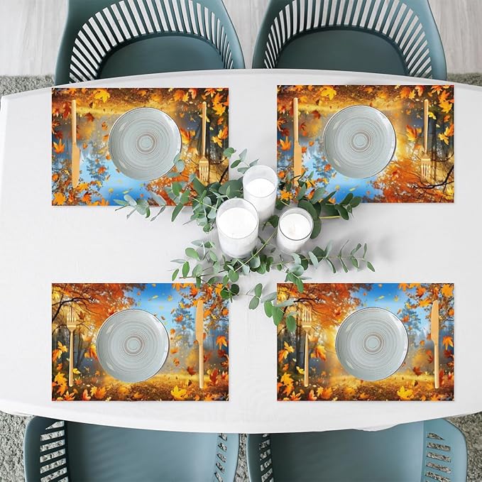 Forest Tree Fall Leaf Placemats Set of 1 PVC Vinyl Non Slip Table Mats Heat Resistant Place Mats Washable Wipeable Dining Table Mat for Kitchen Decor Party Indoor Outdoor Decorative Gift