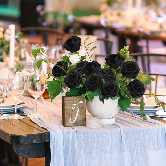 JOYLEX Artificial Flowers Realistic Roses, Real Looking Fake Roses with Stem for DIY Wedding Bouquets Centerpieces Bridal Shower Party Home Romantic Decorations (Black, Regular 3" - 200pcs)