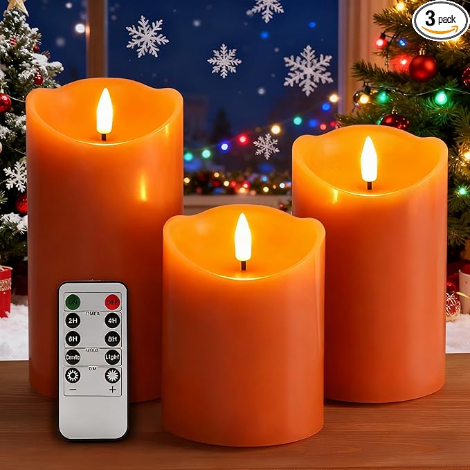 Eywamage Orange Flameless Pillar Candles with Remote, Christmas LED Wax Candles Holiday Table Centerpieces Decor Set of 3