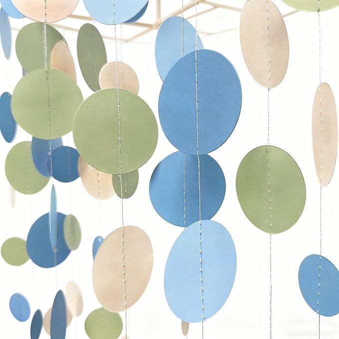 Dusty Blue and Sage Green Beige Polka Dot Garland Olive Green Dusty Blue Cream Nude Hanging Paper Circle Dots Streamer for Birthday Baby Shower Wedding One Silly Goose Theme Party Decorations Supplies