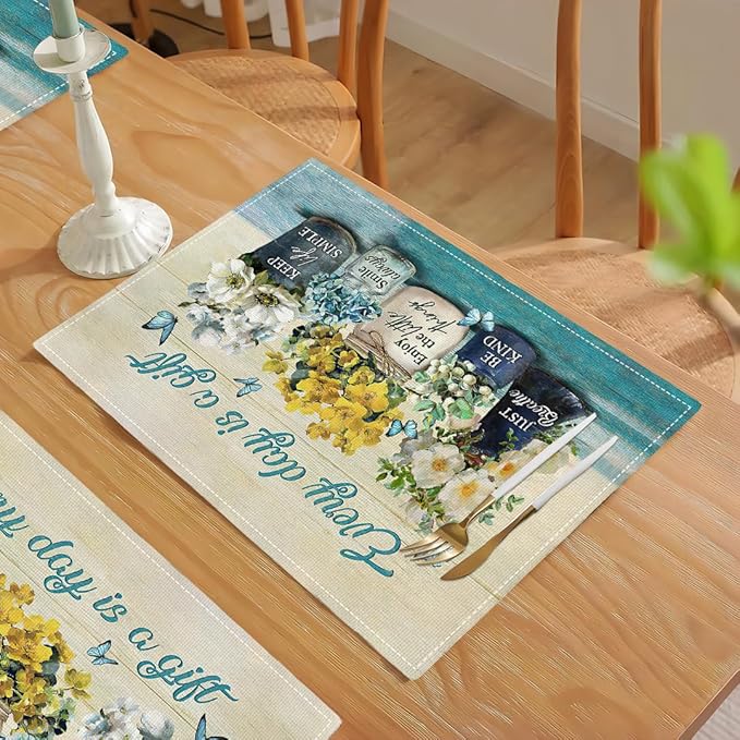 Farmhouse Spring Flower Placemats Set of 4 Every Day is A Gift Country Rustic Floral Yellow Double-Sided Table Mats for Dining Room Home Party Indoor 4 PCS 12x18 Inch