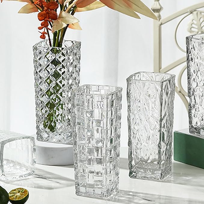 Clear Glass Vase for Flowers Esmiome Square Embossed Rectangle 6in High Glass Bud Vases Small Vase for Flowers Plant Terrarium Candle Holder Water Glasses for Wedding Centerpiece Office Table, Rhombus