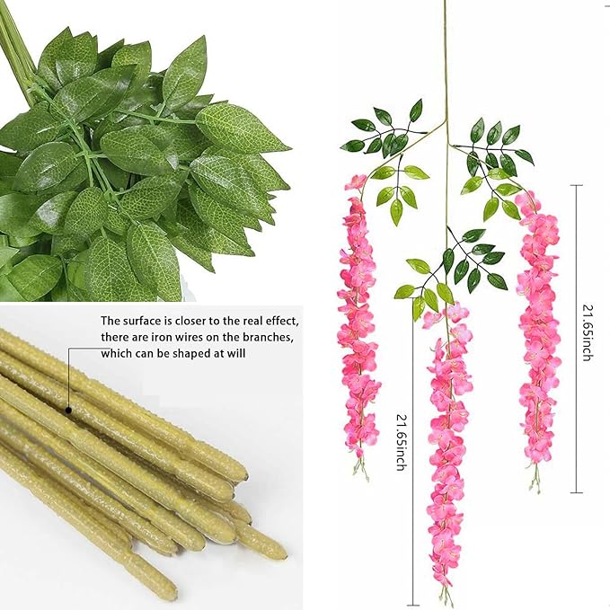 Artificial Wisteria Hanging Flowers Fake Wisteria Flower Garland Silk Vines Rattan Decor for Home Wedding Arch Wall Garden Greenery Bedroom Outdoor Office Party Decoration (12, Dark Pink)