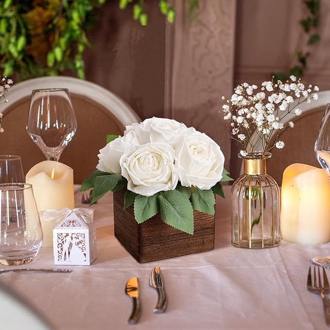 Dining Table Centerpiece Set of 6 - Pre-Made Aritifial Rose with Wooden Vase Fake Floral Arrangment Faux Flower for Wedding Bridal Tea Party Event Decorations - White