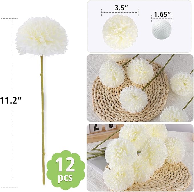 12 Pcs Artificial Chrysanthemums Flowers Silk Ball White Flowers Fake Mums Spring Flowers for Valentine‘s Day Wedding Home Decor (12, White)