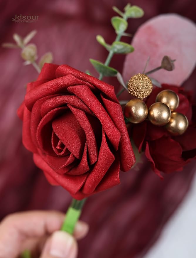 50pcs Artificial Flower，Real Touch Foam Roses w/Stem DIY for Wedding Bouquet Centerpieces Party Shower Home Decor-Dark red