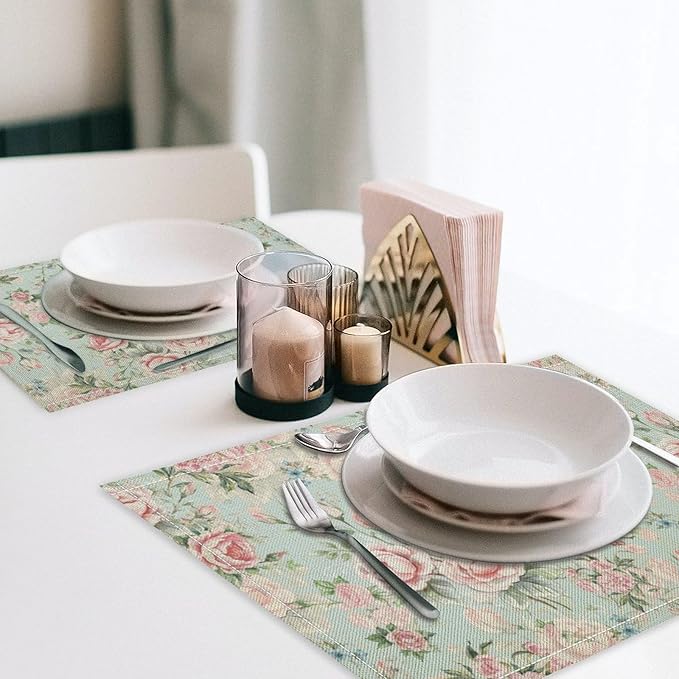 Pink Flowers Placemats Set of 6, 17x12 Inch Rustic Spring Floral Blossom Natural Romantic Table Mats for Home Party Kitchen Dining Decor