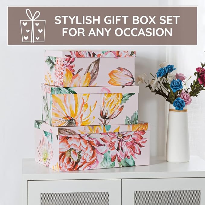 Soul & Lane Decorative Cardboard Storage Boxes with Lids for Home Decor and Organization, Set of 3 Large Keepsake Boxes for Memories & Gifts, Nesting Floral Photo Storage Containers, Beauty in Bloom