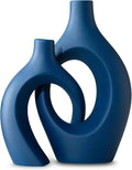 Levvohd Snuggle Hollow Ceramic Vase Set of 2, 11 inch Modern Nordic Coastal Shaped Pampas Grass Aesthetic Decorative Table Vases for Living Room Shelf Home Decor (Matte Navy Blue -L)