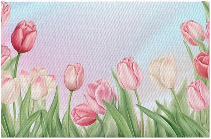PVC Placemats Set of 4 Flower Tulip Pink Wipeable Table Mats Washable Heat Resistant Non Slip Vinyl Dining Table Mat for Kithen Indoor Outdoor Patio Farmhouse Place Mats Decorative
